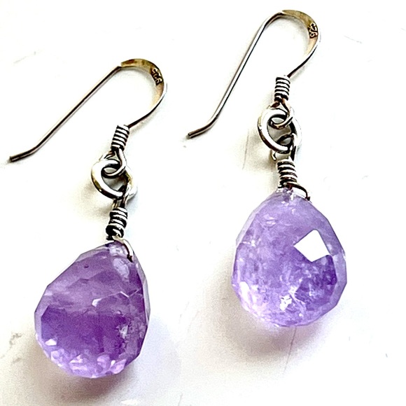 Vintage Jewelry - Vintage Genuine Amethyst Briolet Faceted 925 Dangle Earrings